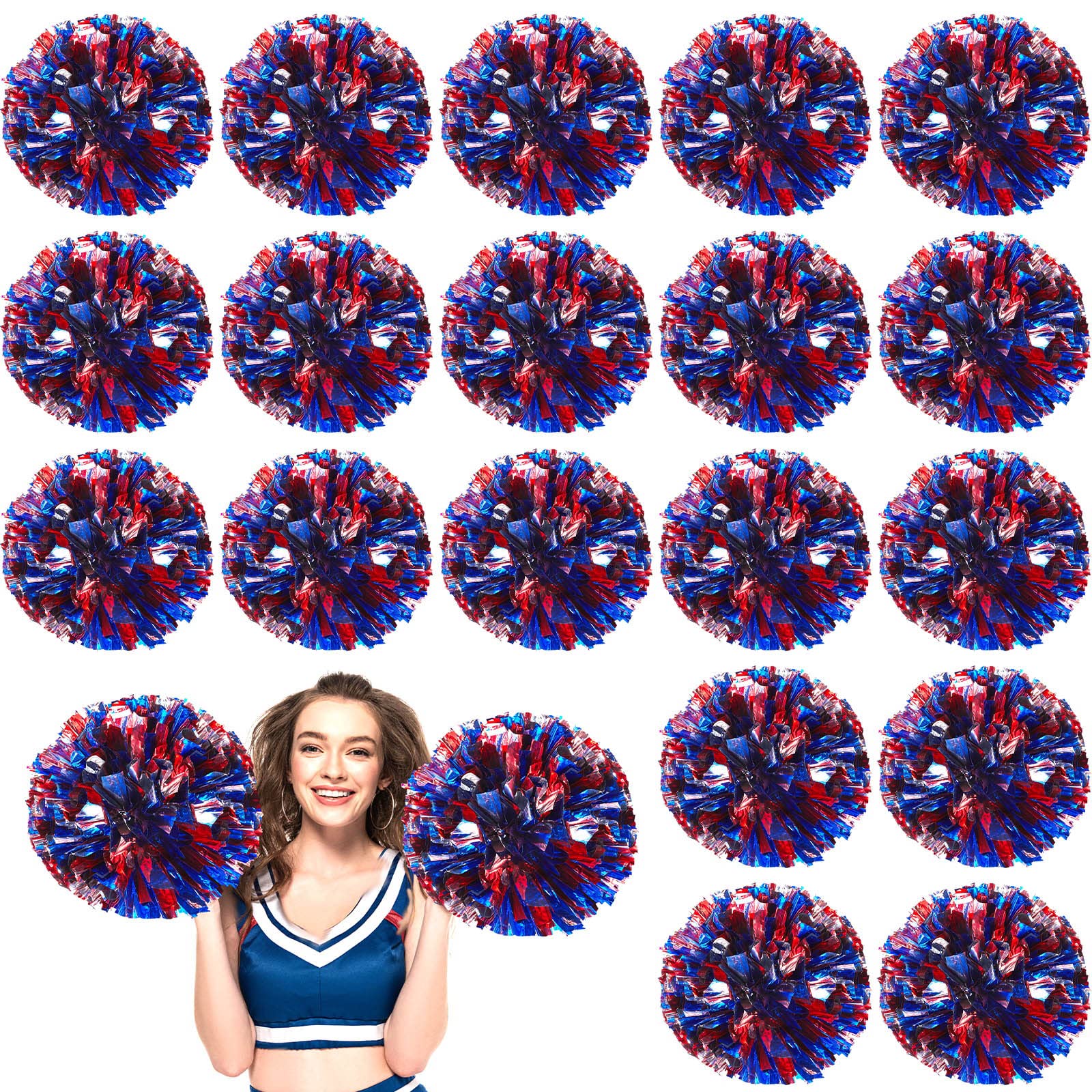 Photo 1 of Lewtemi 24 Pcs Metallic Foil Cheerleading Pom Poms 80g with Plastic Finger Holes for Dance Stage Performances Team Sports Carnivals More(Blue/Silver/Red)