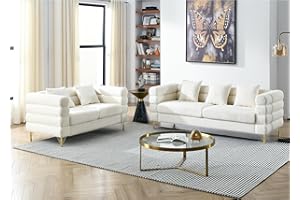 JEEOHEY 2 Pieces Cloud Sofa Set, Teddy Bouclé 3 Seater Couch and Loveseat Sets, Upholstered Modern Sofa with Gold Legs & Pillows, Comfy Deep Seat Couch for Living Room, Bedroom, Office, Apartment(White)