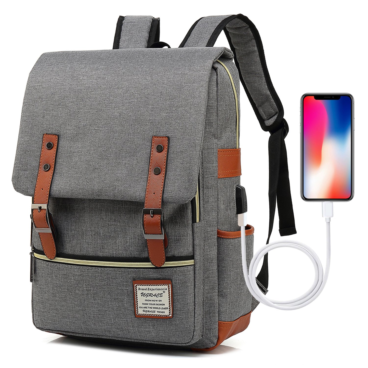 UGRACE Vintage Laptop Backpack with USB Charging Port, Elegant Water Resistant Travelling Backpack Casual Daypacks School Shoulder Bag for Men Women, Fits up to 15.6Inch Macbook in Grey