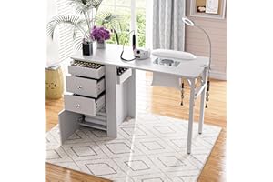 KIKIHOUSE Foldable Nail Table with Dust Collector, Manicure Desk for Nail Tech, with LED Lamp, Wrist Rest, Rolling Nail Table for Salon, Home Beauty Workstation, Compact Nail Station with Storage (White)