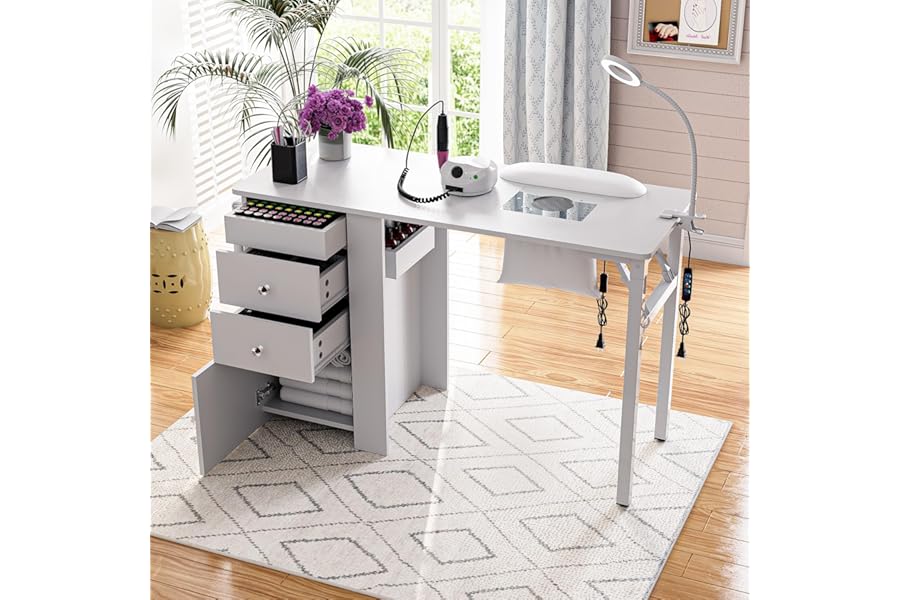 Foldable Nail Table with Dust Collector, Manicure Desk for Nail Tech, with LED Lamp, Wrist Rest, Rolling Nail Table for Salon, Home Beauty Workstation, Compact Nail Station with Storage (White)