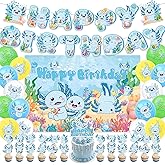 Blue Axolotl Birthday Party Decorations Include Balloons-Cupcake Toppers-Cake Topper- Banner-Backdrop for Boy and Girl Blue Axolotl Party Supplies