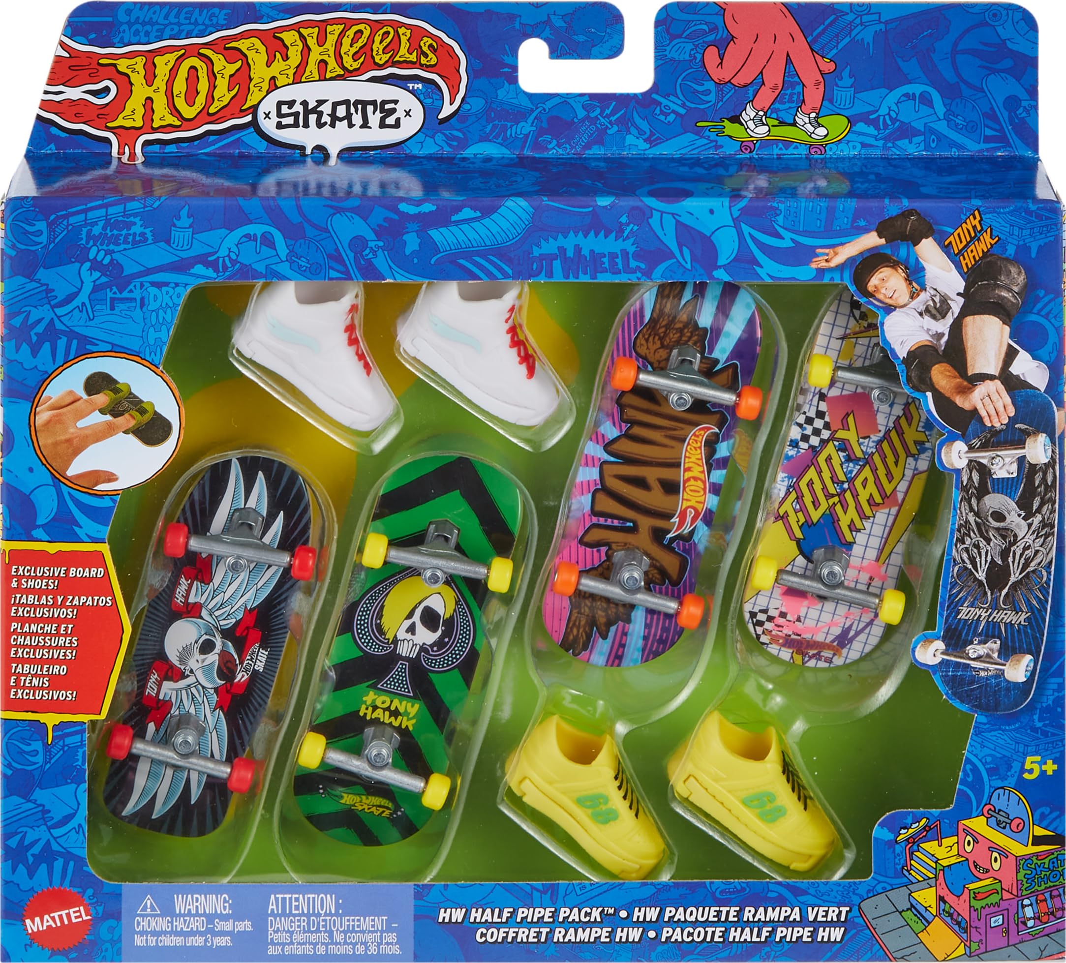 Hot Wheels Skate Tony Hawk Fingerboard & Removable Skate Shoes Multipack, 4 Boards, 2 Pairs of Shoes, 1 Exclusive Set (Styles May Vary)