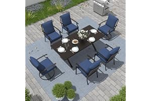 Gotland 7 Piece Outdoor Dining Table and Chairs for 6, Rectangular Patio Dining Table with Umbrella Hole with 2 Swivel Rocking Dining Chairs with Cushions, Lawn Garden Outdoor Table and Chairs