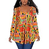 Afibi Women's Long Sleeve Henley T Shirts Button Down Loose Fit Tops Scoop Neck African Dashiki Shirts