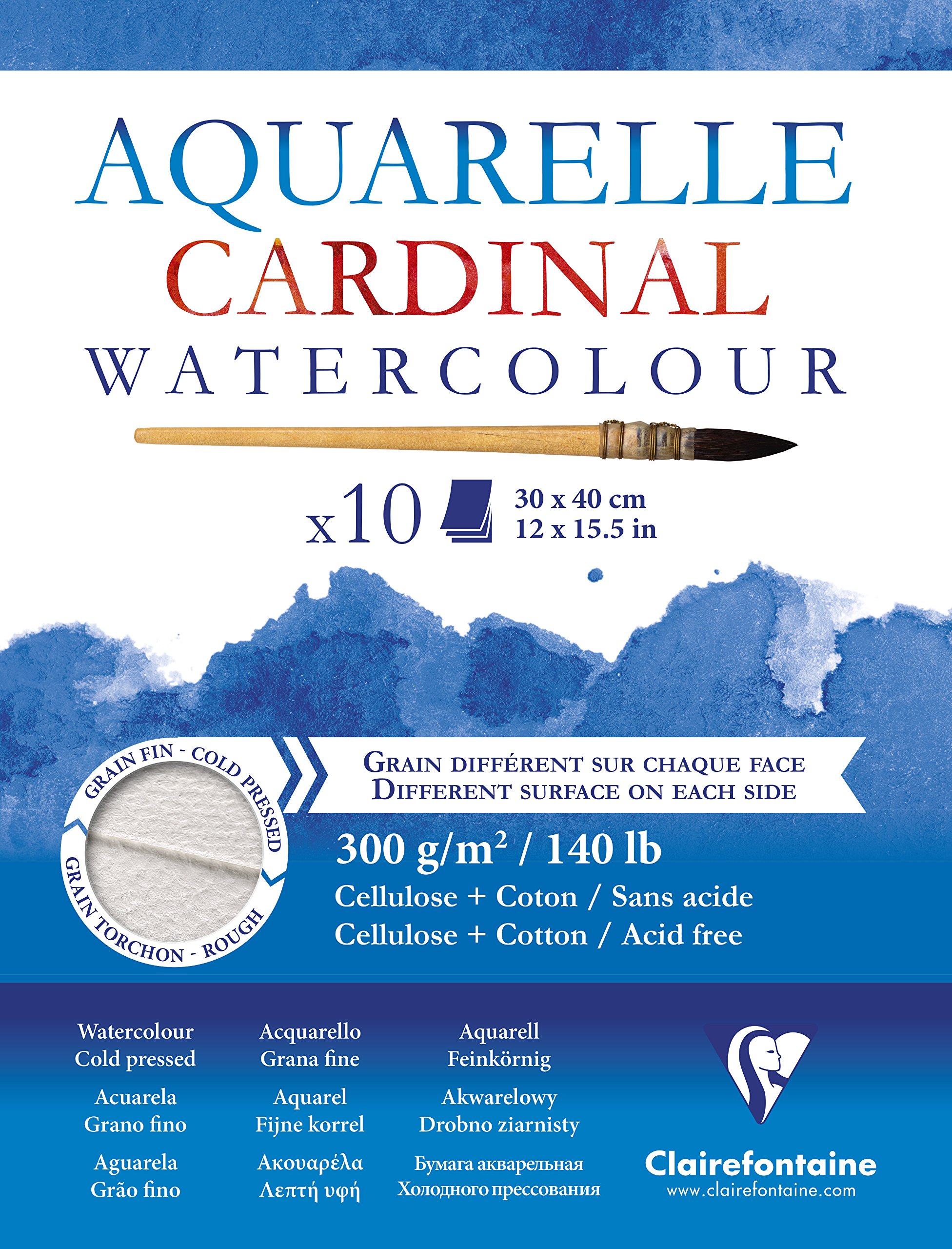 Clairefontaine - Ref 96196C - Cardinal Watercolour Glued Pad (10 Sheets) - 30 x 40cm Sized, 300gsm Paper, Acid Free, pH Neutral - Suitable for Watercolour
