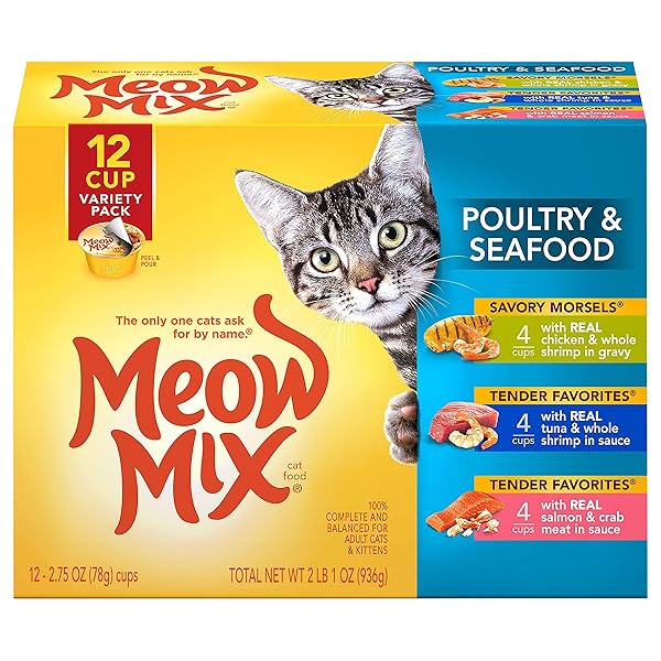MEOW MIX POULTRY AND SEAFOOD WET CAT FOOD, VARIETY PACK, 2.75 OUNCE CUP (PACK OF 12)