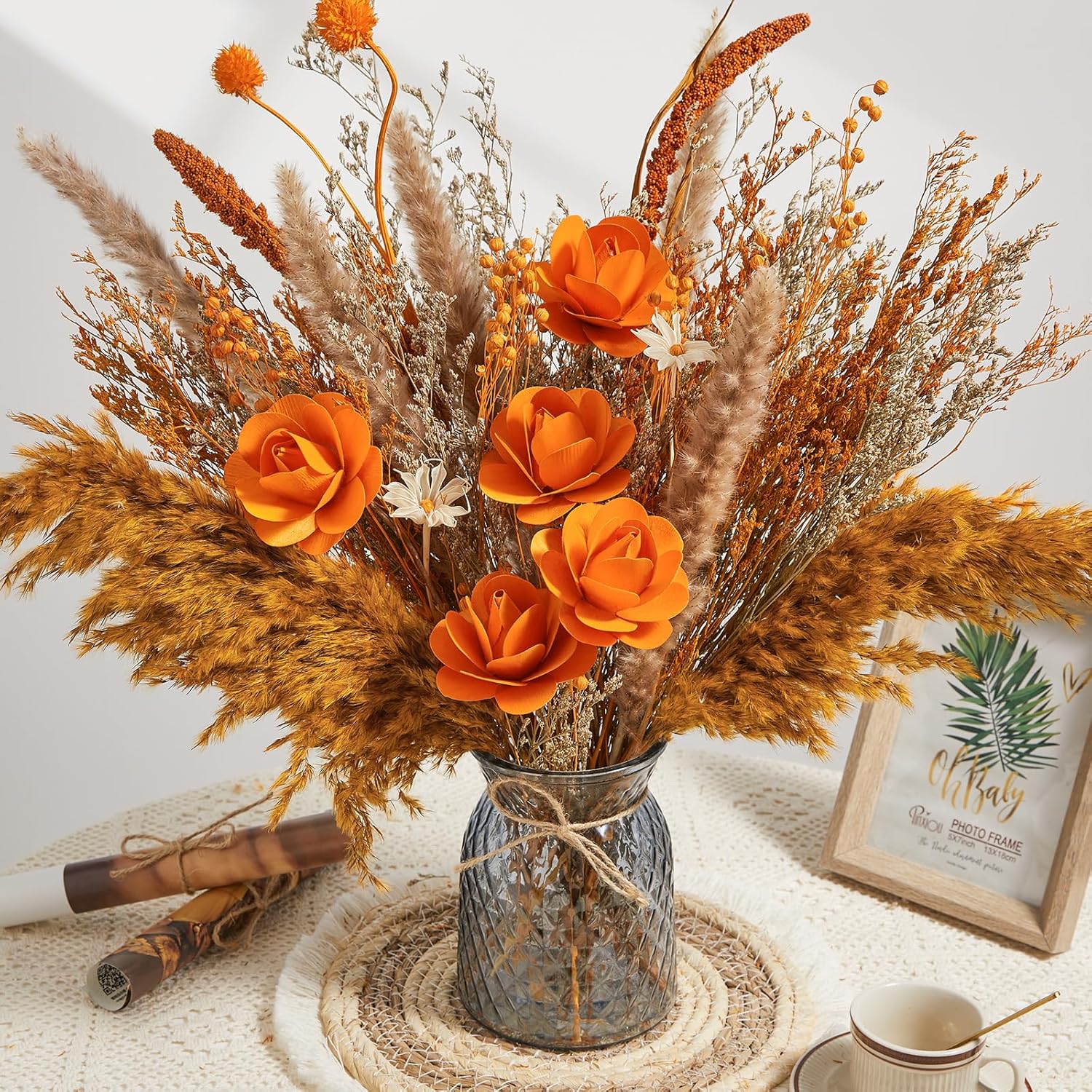 Dried & Preserved Flora - Serwalin Dried Flowers for Vase Included Fall Decor, Orange Pampas Grass and Faux Flowers in Vase Fall Decor Artificial Flower Arrangements with Vase Dining Table Centerpiece Coffee Table Home Decor