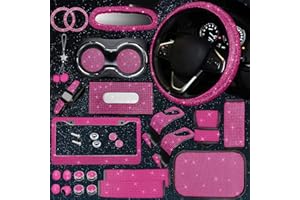 JINGSEN 25PCS Bling Car Parts Set, Car Parts Set Female Plug Universal 15 Inch, Shiny License Plate Frame, Center Console Cover and Rearview Mirror Set and Other Car Accessories(Rose Pink)