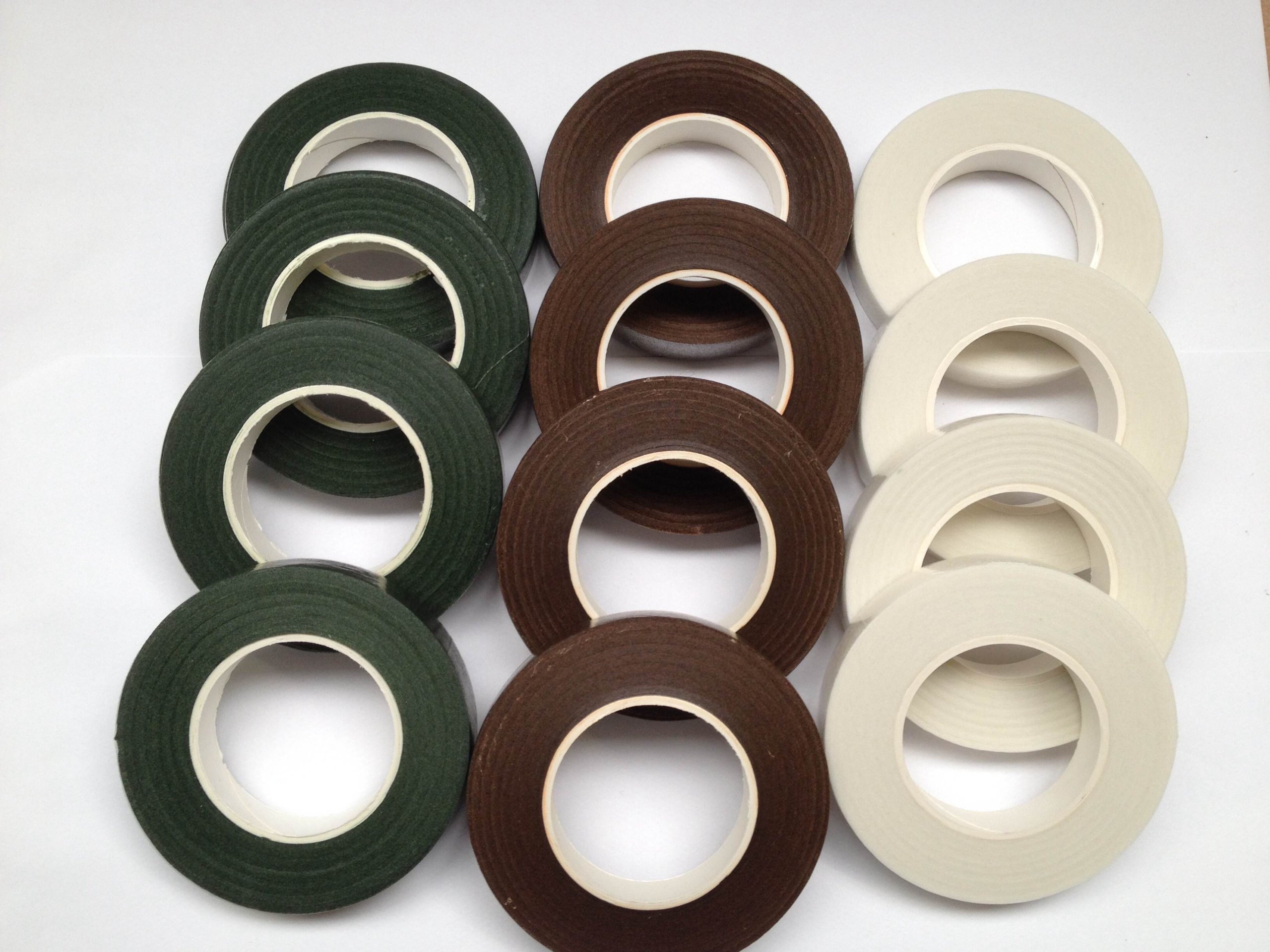 4 X FLORIST STEM TAPE, WIRE FLORAL WORK, BUTTON HOLES, SUGAR CRAFT. WHITE, GREEN & BROWN. X4 (BROWN X 4)