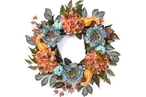 DECOR BY HANNAH DecorbyHannah Collapsible Fall Wreath for Front Door, 24 inch Pre-Lit Autumn Wreaths with Peony Hydrangea and Pumpkin for Harvest Thanksgiving Home Wall Window Indoor Outdoor Decor