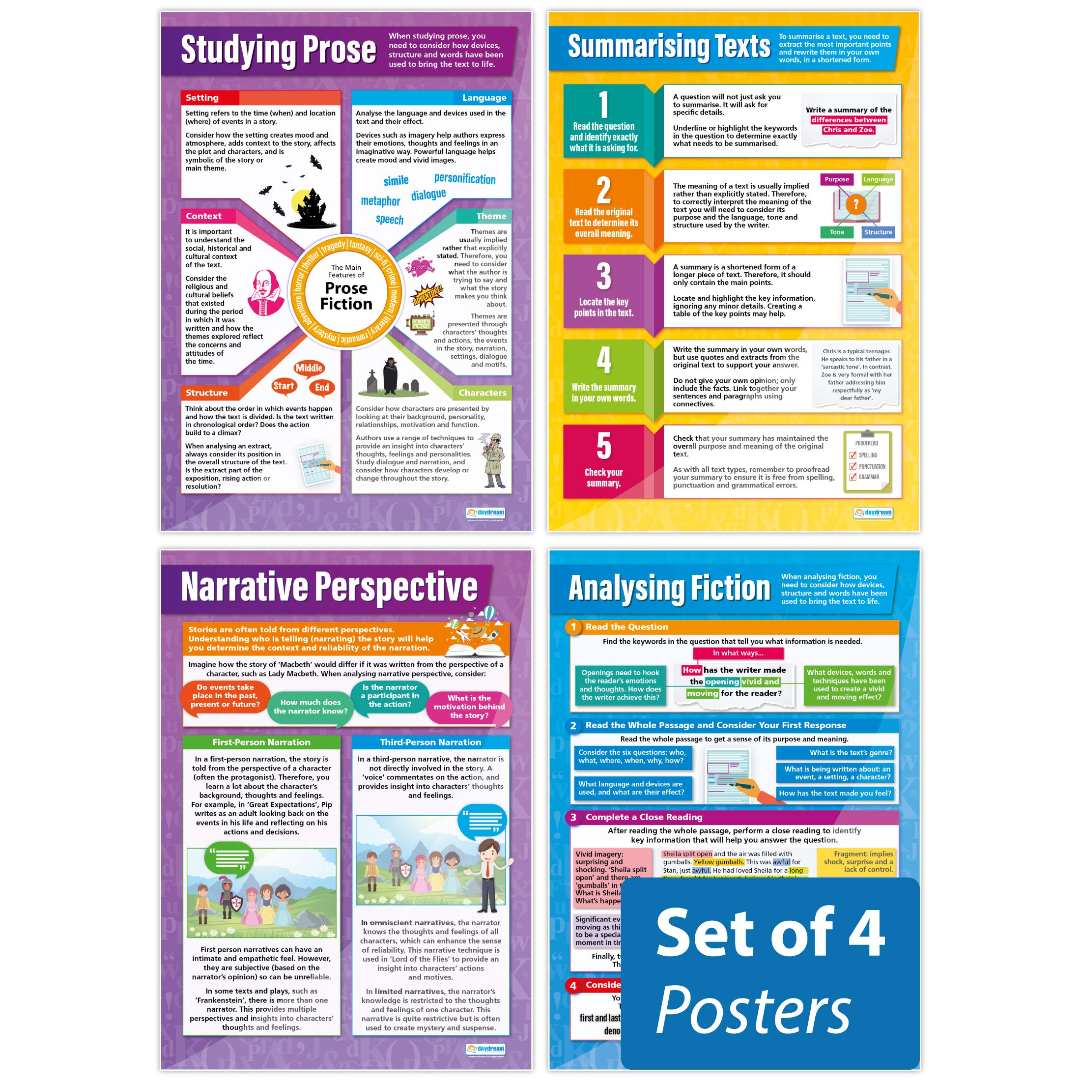 Studying Prose Classroom Posters - Set of 4 - EXTRA LARGE A1 (850mm x 594mm) - Gloss Paper - English Language Secondary School Wall Charts by Daydream Education