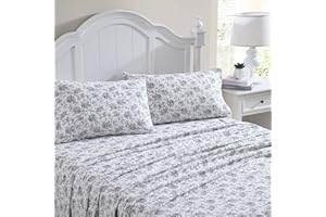 Laura Ashley Home - Queen Sheets, Cotton Flannel Bedding Set, Brushed for Extra Softness & Comfort (Black Faye Toile, Queen)