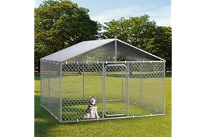 FKLUG 10×10FT Outdoor Dog Kennel with Cover, Extra Large Dog Run Fence House Big Cage Pen Enclosure, Heavy Duty Chain Link Dog Kennel with Lock for Outside Backyard (118" L x 118" W x 83" H)