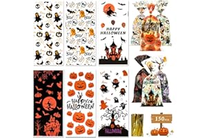 PCAVIN 150 Pcs Halloween Cellophane Treat Bags for Kids with Twist Ties, 6 Styles Clear Candy Cookie Bags for Trick or Treat, Goodie bags for Halloween Party Favors Supplies