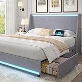 VECELO Full Size Bed Frame with Storage Drawers, Upholstered Platform Bedframe with Wingback Headboard, No Box Spring Needed, Classic Grey