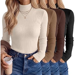 Neer 4 Pack Women's Turtleneck Shirts | Mock Neck Tops, Long Sleeve Undershirts, Ribbed, Slim Fit, Basic, Thermal, Winter