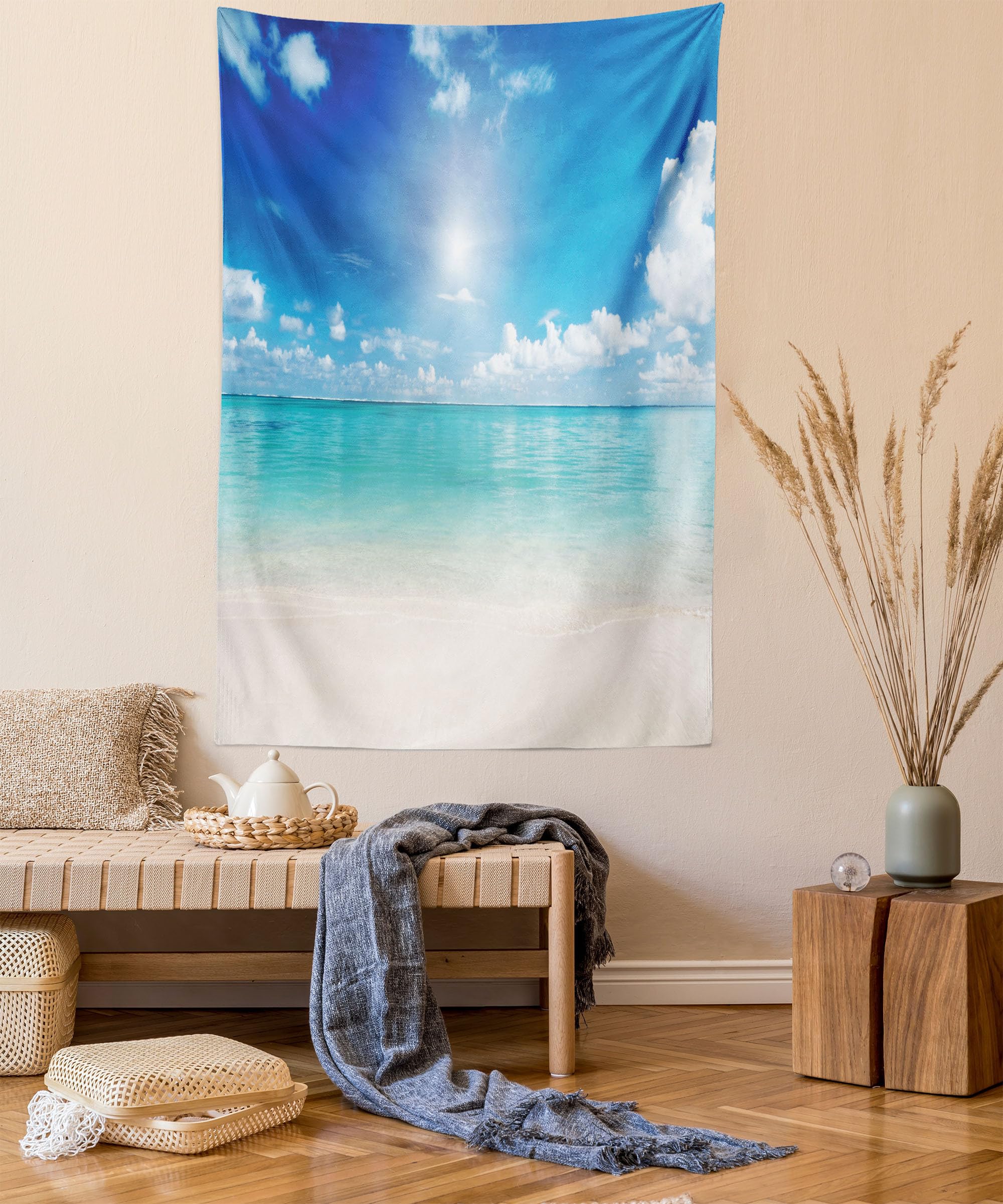 ABAKUHAUS Ocean Tapestry, Sky and Sea Landscape Sand Tropical Beach Clouds Sun Hot Heaven Summer, Fabric Wall Hanging Decor for Bedroom Living Room Dorm, 54 W X 90 L, Cream Turquoise White