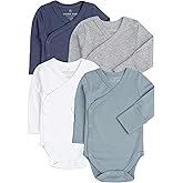 Baby Side Snap Bodysuit Set, 100% Cotton Boy Girl Unisex Kimono Onesie, 4 Pack