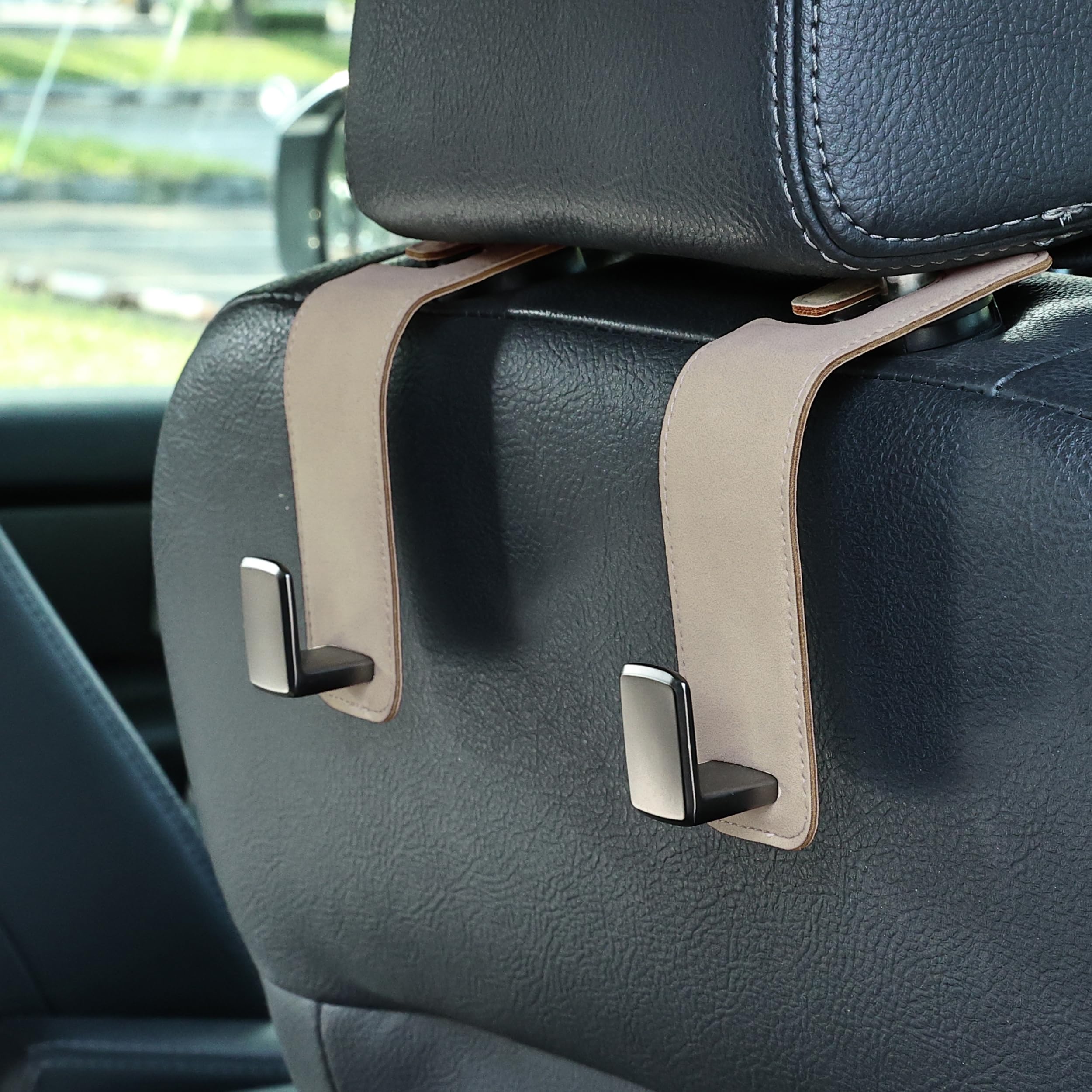Photo 1 of Toiyason Car Seat Back Hook Metal with Suede Universal Vehicle Headrest Hangers Interior Storage Organizer for Purse Handbag Coat Grocery Bags 2 Pack Beige