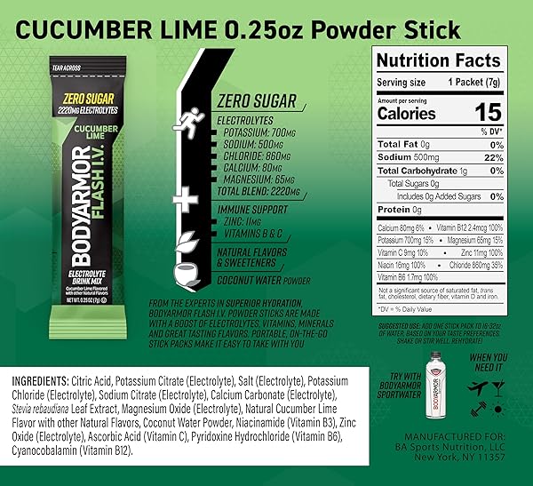 BODYARMOR FLASH IV ELECTROLYTE PACKETS, CUCUMBER LIME – ZERO SUGAR DRINK MIX, SINGLE SERVE PACKS, COCONUT WATER POWDER (6 COUNT)
