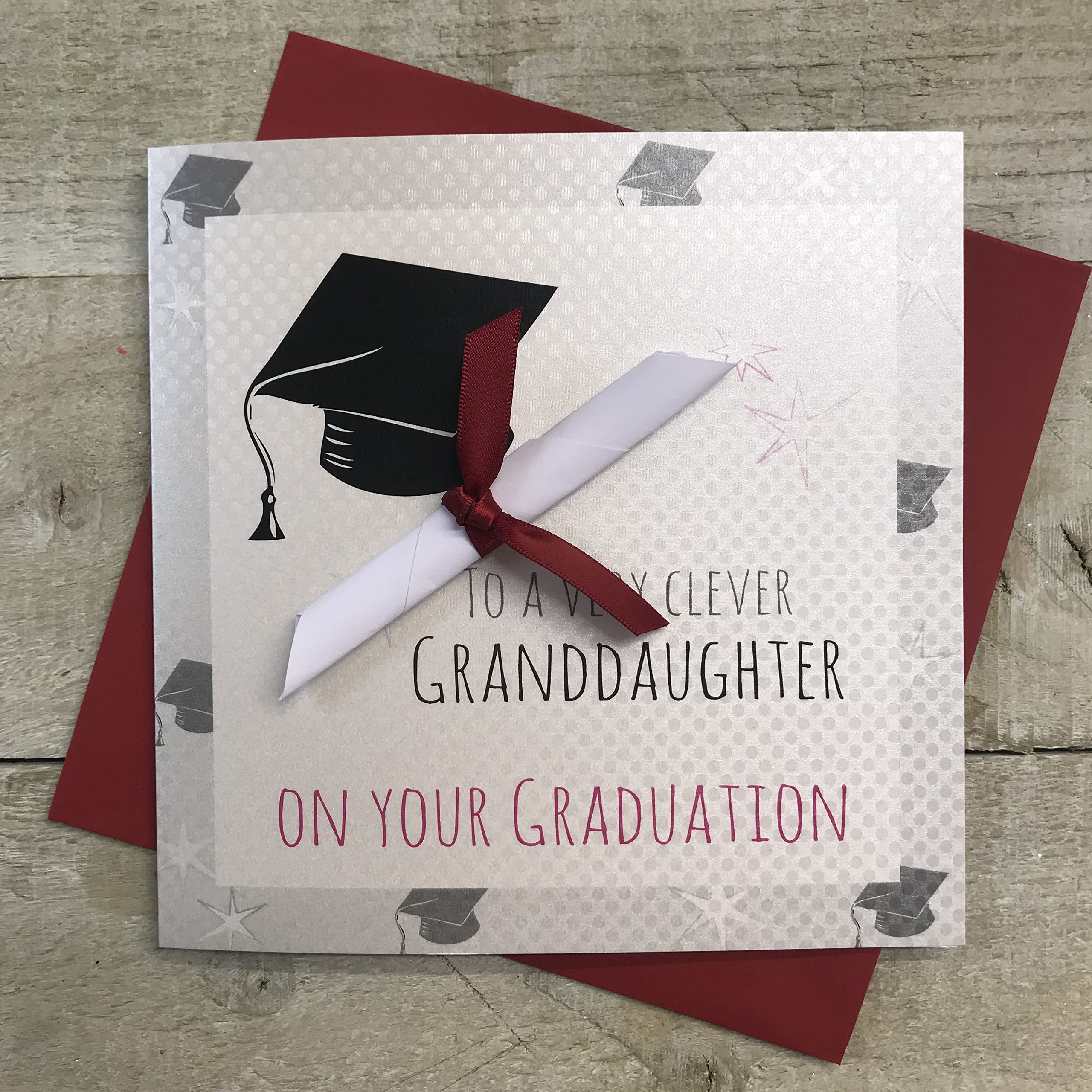 WHITE COTTON CARDS Handmade to A Very Clever Granddaughter Graduation Cap Card, White, G15gd, 16cm x 16cm