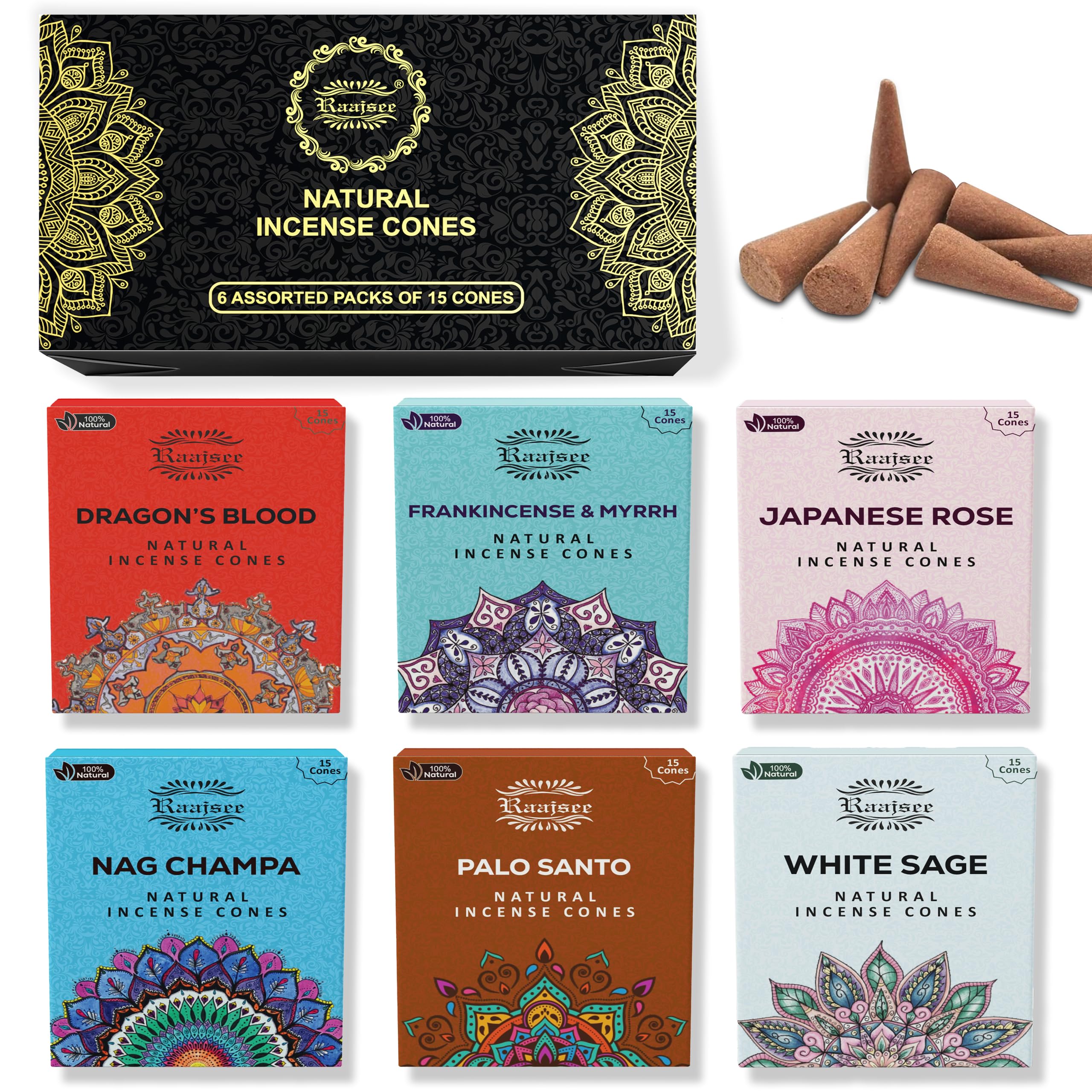 raajsee Natural Incense Cones,6 Pack Mixed Scents Gift pack 15 pc Each (90 Total), Insense Cones Variety Pack, 100% Organic Non Toxic Natural - Hand rolled free from Chemicals (PACK 2)