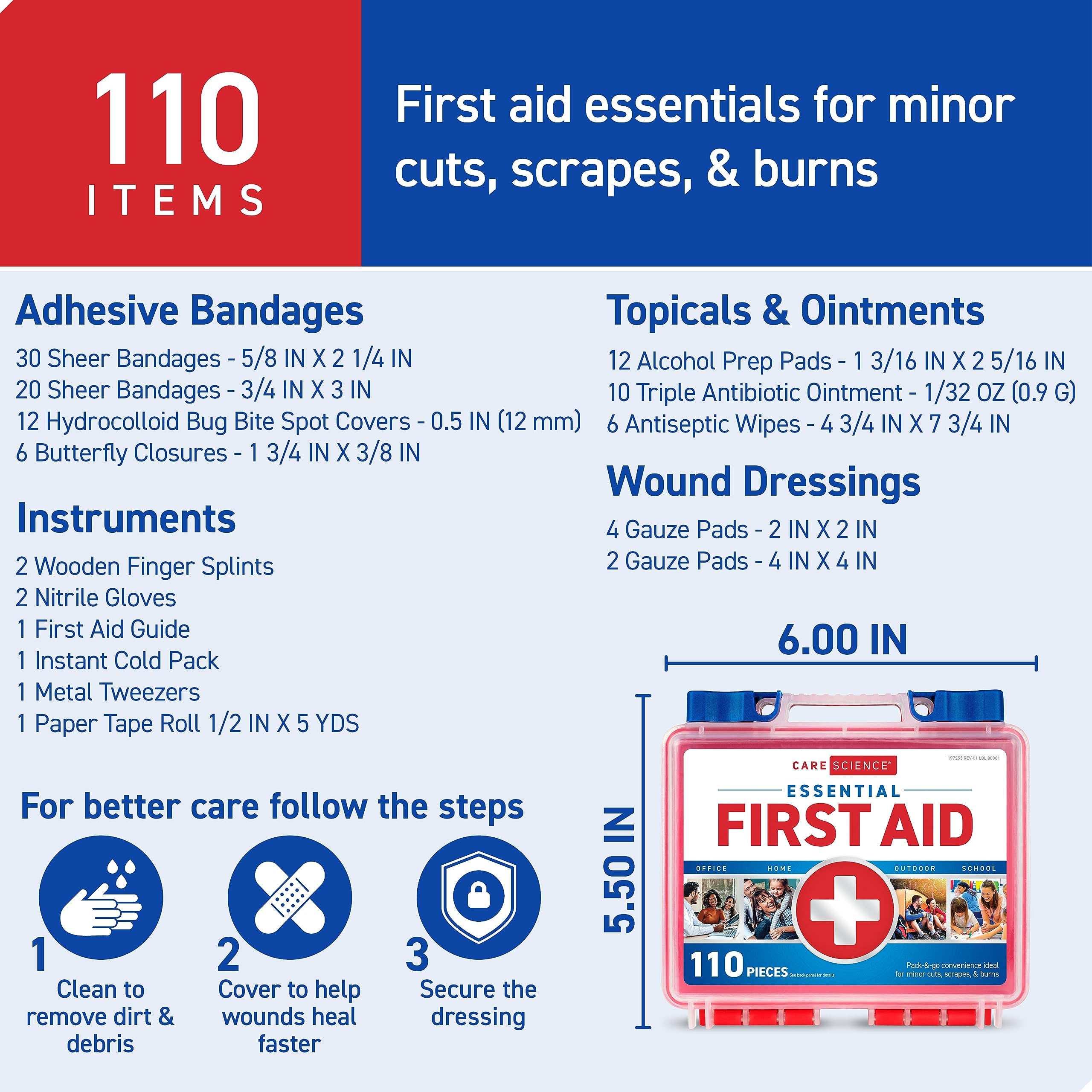 Care Science First Aid Kit, 110 Pieces Professional Use For Travel