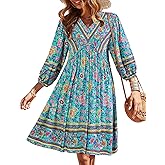 BTFBM Women Casual Spring Summer Dresses V Neck 3/4 Long Sleeve Ruffle Floral Flowy Boho Babydoll Mini Short Beach Dress