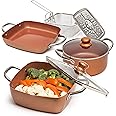 Moss & Stone 7 Pcs Copper Pots And Pans Set, Copper Chef Cookware Non Stick, Square Copper Pans for Cooking, Round Copper Pot & Fry Basket, Oven Safe 5 Quart Deep Frying Pan, Induction Cookware Set