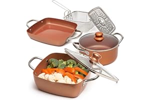 Moss & Stone Copper 7 pcs Set Chef Cookware Non Stick Pan, Deep Square Pan, Round Pot, Fry Basket, Steamer Tray, Dishwasher & Oven Safe, 5 Quart Copper Pot Set, Copper Induction Cookware Set