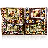 Sabai Jai Embroidered Magnet Snap Clutch Envelope Wallet for Women - Cute Colorful Ethnic Boho Accessory Organizer Money Holder Bag (Mini Spirals)