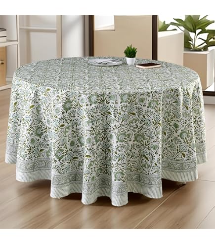 ATOSII Tischdecke Rund, 228,6 Cm – 100% Baumwolle, Handblock-Druck, Kleeblatt-Gelb