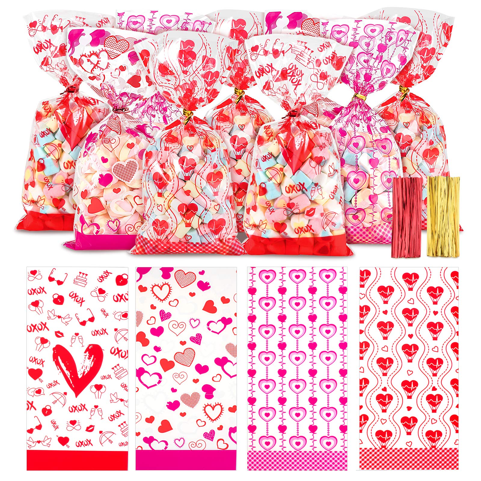 Whaline Valentine Cellophane Bags, 150 Pieces Candy Treat Bags with 150 Twist Ties, Valentines Goodie Bags Plastic Clear Cello Bags Party Favor Gifts Bags, 4 Styles (5 x 11 inches)