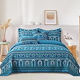 TWINRUN Cotton Quilts King Size, 3 Pieces King Quilt Bedding Set (98 x 106 Inch), Lightweight Boho Quilts King Size for Bed, Blue Stripes Bedspreads for All Seasons, Machine Wash