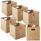 Casafield 10.5" x 10.5" Water Hyacinth Storage Baskets, Natural - Set of 6 Collapsible Cube Organizers, Woven Bins for Bathroom, Bedroom, Laundry, Pantry, Shelves
