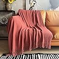 LOMAO Knitted Throw Blanket with Tassels Bubble Textured Soft Blanket Lightweight Throws for Couch Cover Home Decor (Red Mud, 50x60)