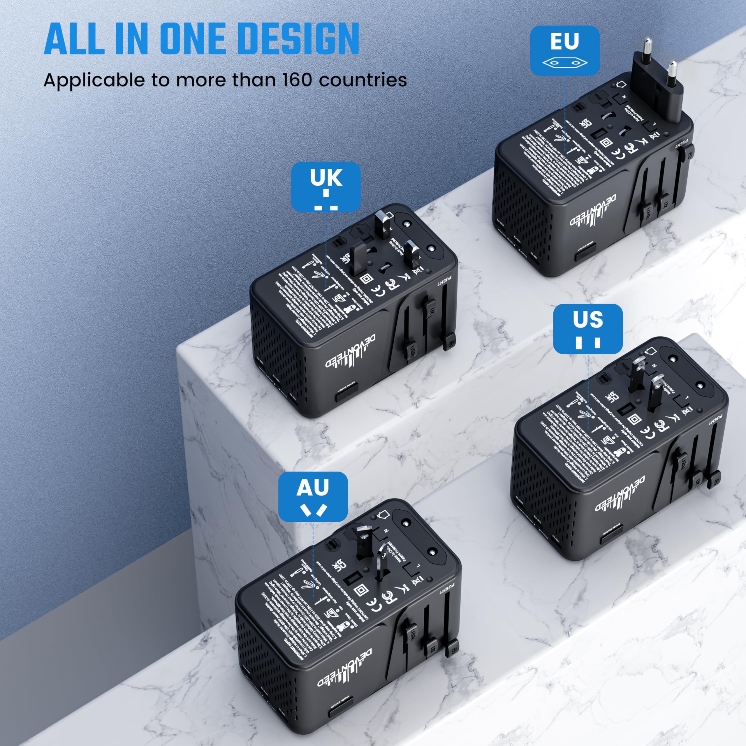 DEVONTEED 220V to 110V Travel Voltage Converter, Universal Travel Adapter with 3 USB C and 1 USB A, International Power Adapter Voltage Converter US to Europe AC Outlet Plug Step Down for US EU UK AUS (Black)