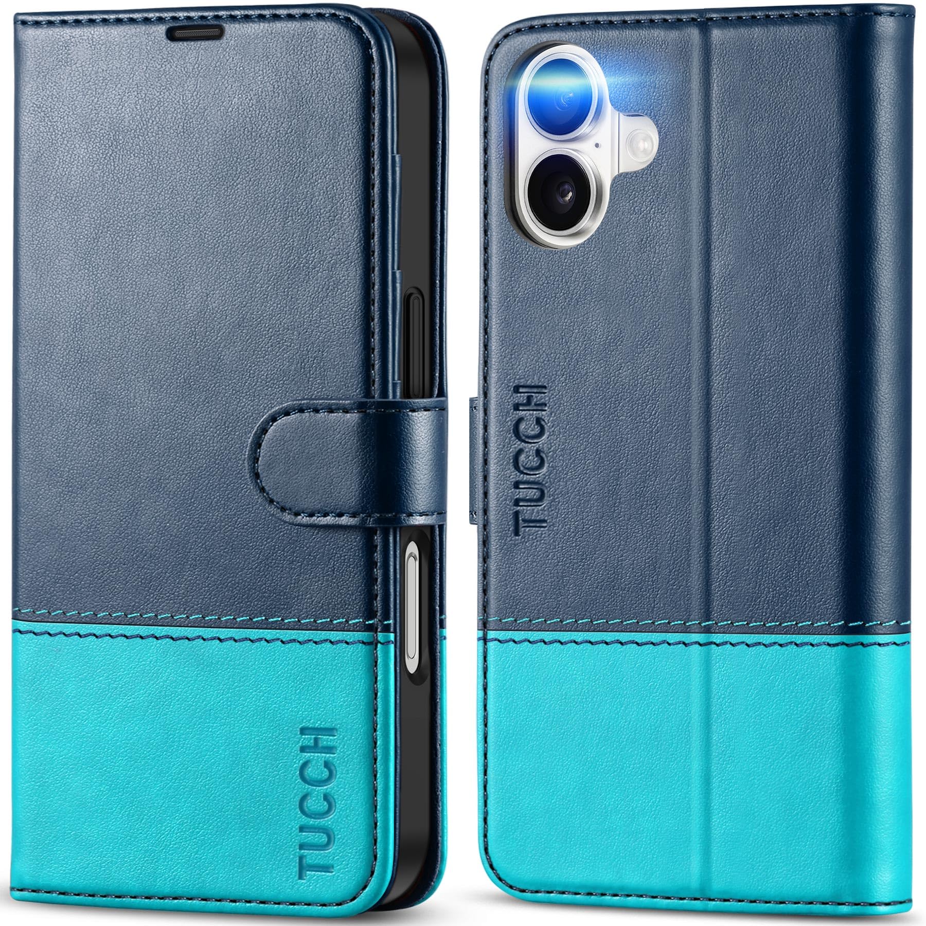 TUCCH Wallet Case for iPhone 16 (6.1") 2024, Magnetic PU Leather Folding Stand Folio Flip Cover with[RFID Blocking][Credit Card Slots][Shockproof TPU] Compatible with iPhone 16 5G, Blue & Lake Blue