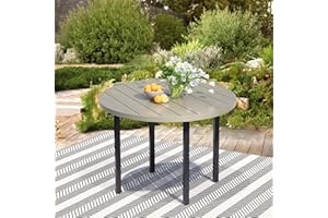 STABRECH 42" Round Patio Table with Umbrella Hole, Metal Outdoor Dining Table for Garden, Backyard and Deck, 4 Person Round Patio Dining Table for Outside, Honey Oak