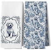 DAYOUER Chinoiserie Goldendoodle Kitchen Dish Towels, Goldendoodle Gifts, Blue and White Chinoiserie Golden Doodle Decor Hand Tea Towels for Bathroom Kitchen, 16x24 Inches Set of 2
