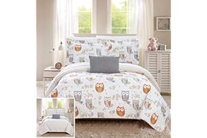 Chic Home Farm 4 Piece Reversible Quilt Set Cute It's A Hoot Owl Friends Youth Design Bed in a Bag-Decorative Pillow Shams Included, Full, Grey