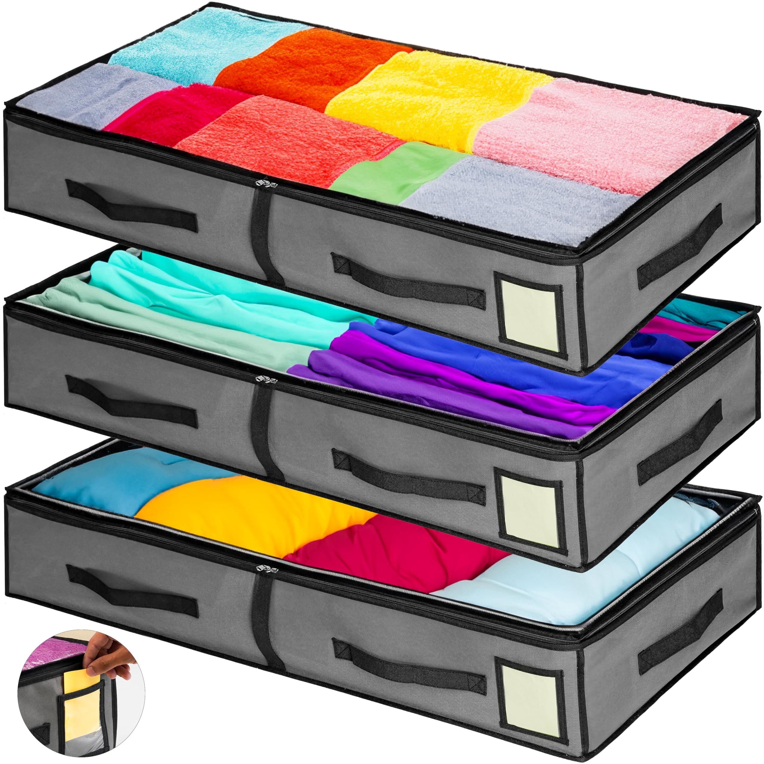 Pack of 3 - 90L Foldable Under Bed Storage Bag With Zip & 5 Strong Handles. Transparent Upper Layer & Tag Pocket. 90L Capacity, Perfect Bedding Storage Bags With Zip and Protection for Clothes.