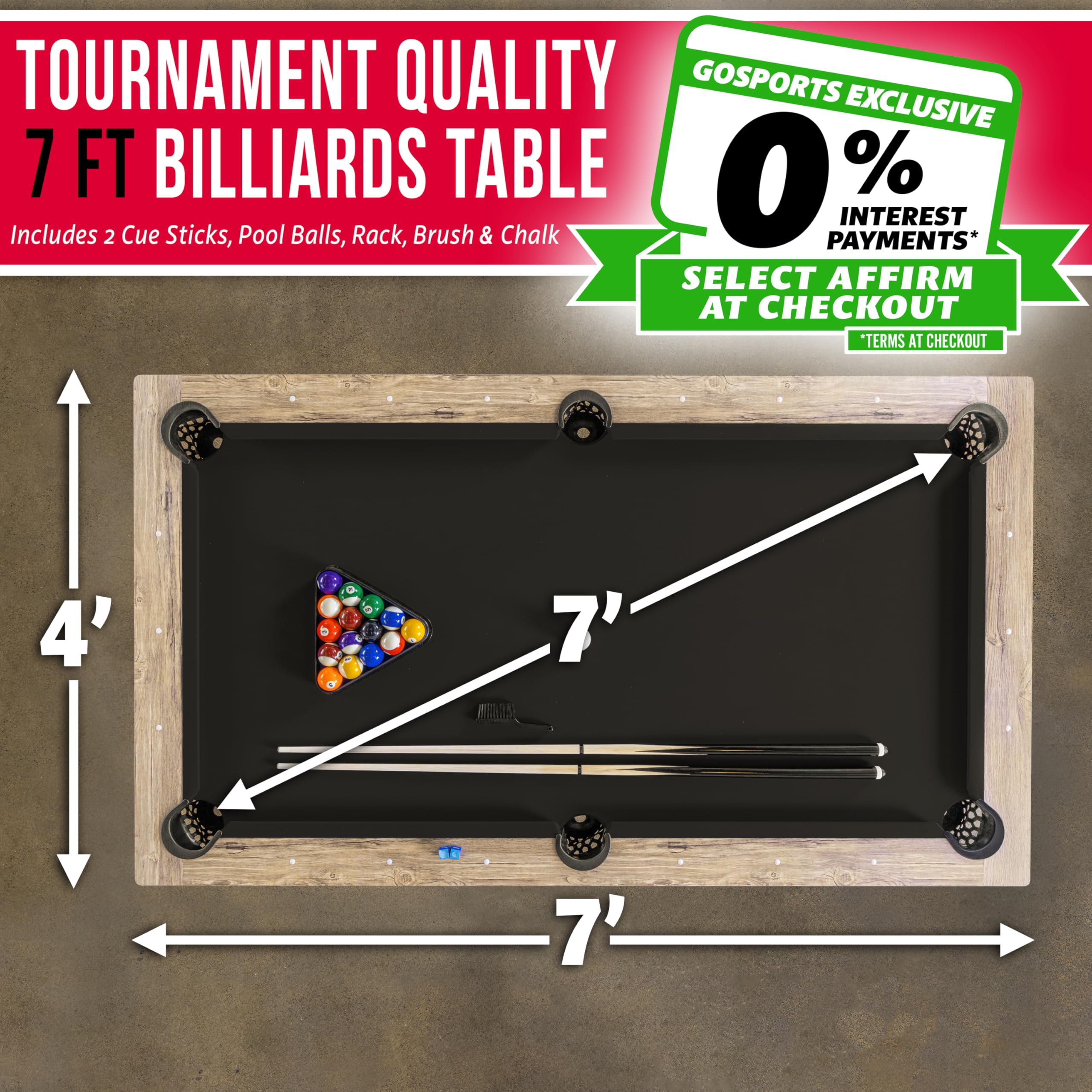 GoSports 7 ft Pool Tables with Wood Finish - Choose Your Style - Modern Billiards Table with 2 Cue Sticks, Balls, Rack, Felt Brush and Chalk