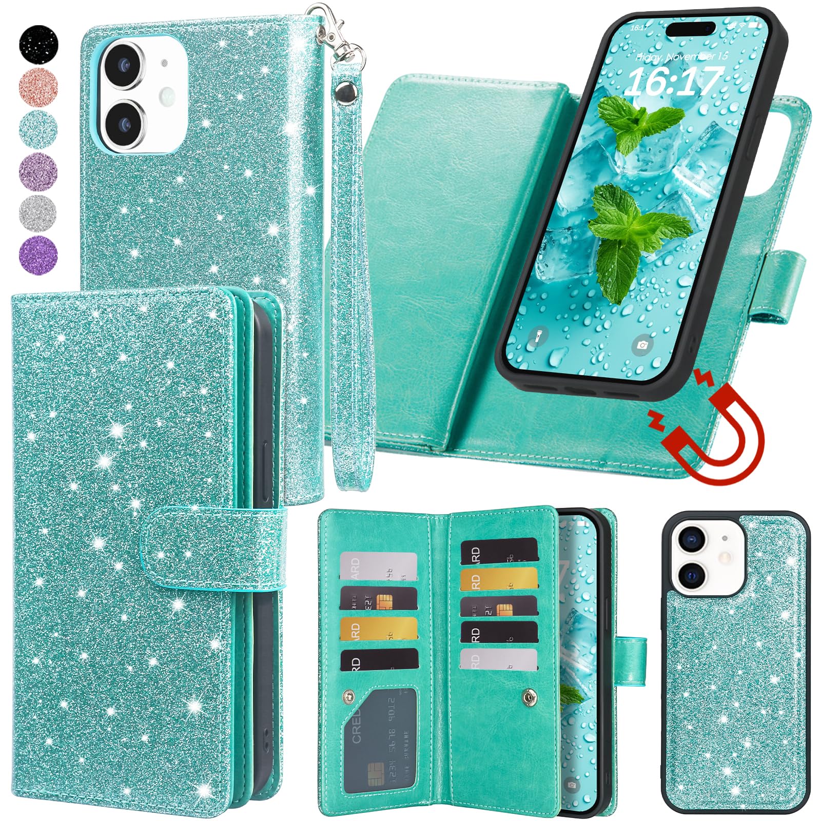 Photo 1 of Varikke for iPhone 11 Wallet Case Detachable with 9-Card Holder for Women, Fashion Glitter PU Leather Wrist Strap Strong Magnetic Flip Wallet Removable Phone Case Cover for iPhone 11 6.1", Mint Green