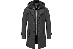 Chrisuno Men's Classic Long Pea Coat Warm Wool Blend Winter Trench Coat Single Breasted Overcoat with Detachable Collar