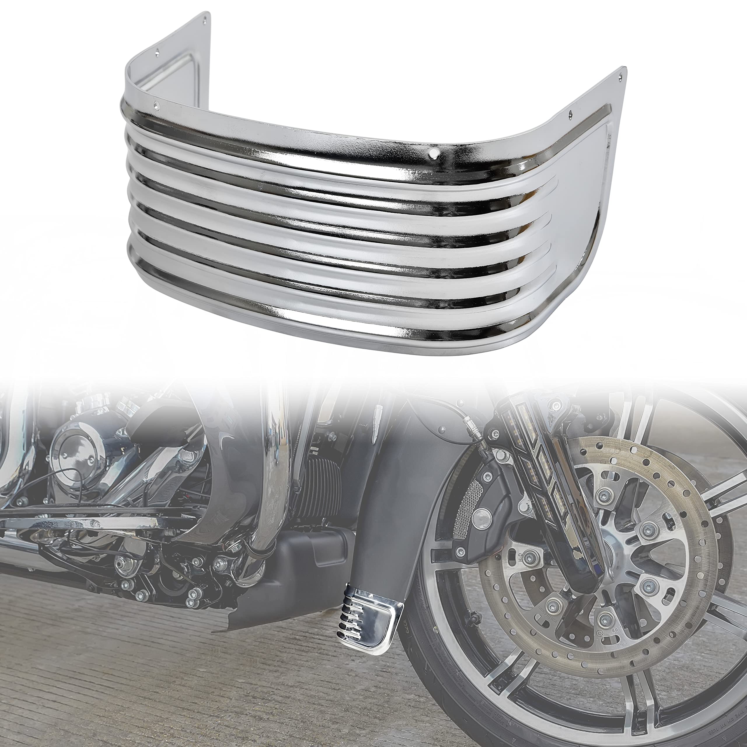 Photo 1 of VEISUTOR Front Fender Skirt Trim for Harley Davison, Chrome Steel Front Ribbed Decorative Protector Trim Accent for Electra Glide Road King Tri Glide Ultra Classic Limited Low 2014-2024 Accessories