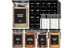 LARAMAID 267 Minimalist Spice Label Set, White Text on Black Vinyl Waterproof Label Sticker with Removable Adhesive - Fits on Round, Square and Rectangle Jars - Organize Spice, Herb and Seasonings