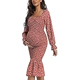 Maternity Fall Floral Midi Bodycon Dresses, Long Puff Sleeve Square Neck Ruffle Hem Mermaid Baby Shower Dress Red L