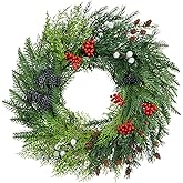 Briful 24'' Christmas Wreath Realistic Christmas Door Wreath with Red Berries & Pinecones Chic Rustic-Style Wreath for Home Mantle Wall Windowsill Decorations